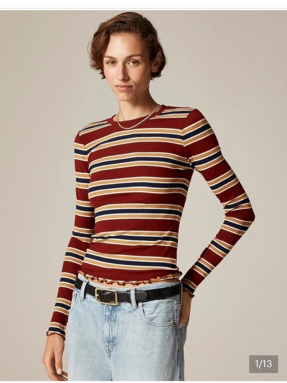 J. Crew Rust and Navy Striped Long-Sleeve Crewneck Top
